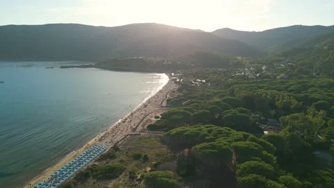 Forward Aerial Drone Flight Along Lacona Beach with Blue Umbrellas  Spiaggi.. 스톡 동영상 326471448