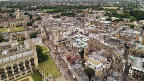 Forward Aerial drone footage of Cambridge city center, University of Cambridg Stock Footage