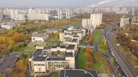 Forward aerial flight above MGIMO University campus Stock Footage 326544998