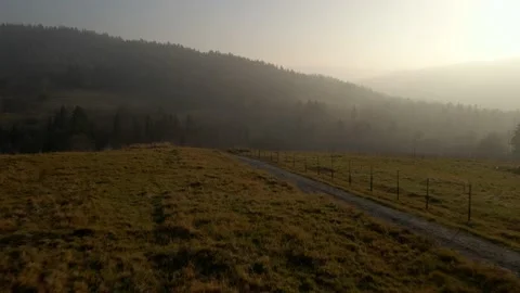 Forward aerial over grass field and mountain valley Stock Footage 173527833