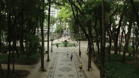 Forward Aerial Over Praca Osorio Plaza and Fountain, Curitiba Stock Footage 340536044