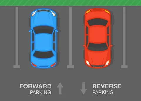 Forward and reverse parking. Top view of a perpendicular parked cars. Illustrazione stock