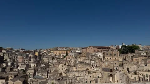 Forward Camera Move Toward Historic Matera Skyline, Italy, Cinematic Slow Motion Stock Footage 336674196