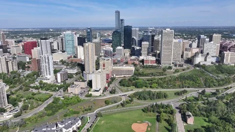 Forward climbing flight toward Edmonton Downtown skyline - aerial footage Stock Footage 285980925