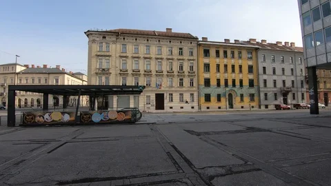 Forward dolly moving in empty Ljubljana. Covid-19 lockdown 2020 Stock Footage 127833247