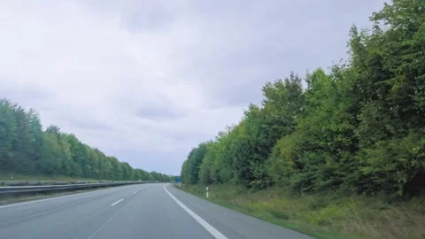 Forward Drive Along Empty Highway Between Green Trees Stock Footage 345650788
