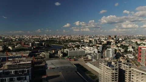 Forward drone flight above Moscow river district Video stock 329914704