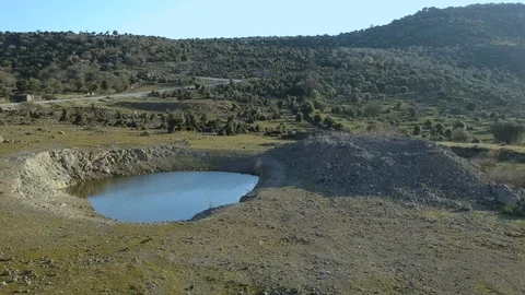 Forward drone flight over cows and a crater lake in nature Stock Footage 124433656