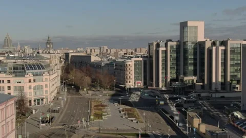 Forward drone flight over modern urban boulevard Stock Footage 322185934