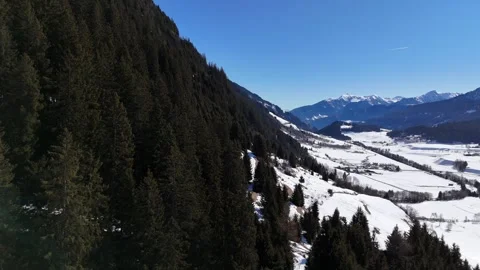 Forward Drone Flight Over Pine Forest with Snowy Alpine Village in South Stock Footage 332124326