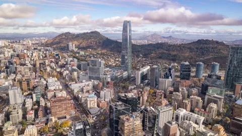 Forward drone flight over Santiago skyline with Costanera Center Stock Footage 310795405