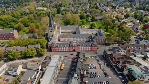 Forward Drone Flight with Slow Tilt Down Over Brauweiler Abbey in Pulheim Stock Footage 312526350