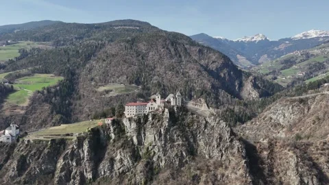 Forward Drone Flight Toward Cliffside Monastery in South Tyrol, Italian Stock Footage 335445777
