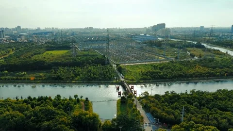Forward Drone Flight Toward Electrical Substation in Shanghai Stock Footage 342145289