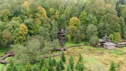 Forward drone flight toward forest wooden stairs Stock Footage 323974362