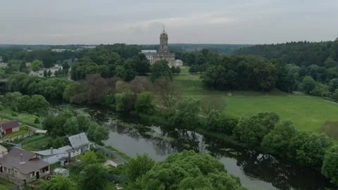 Forward drone flight toward historic church Stock Footage 327617838