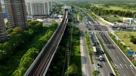 Forward Drone Flight Toward Sheshan Metro Station in Shanghai Stock Footage 342140541