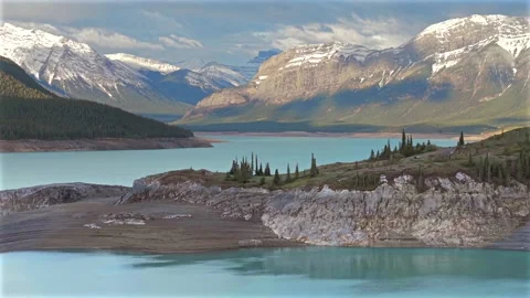 Forward drone flyby of pine trees on Abraham Lake peninsula Stock Footage 337347617