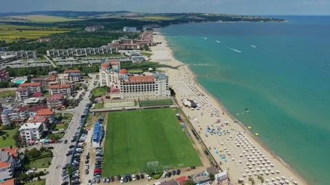 Forward drone flyover over Obzor beach Bulgaria Stock Footage 344461874