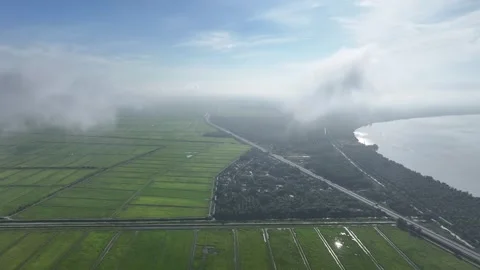 Forward Drone Glide Above Clouds Revealing Rice Fields, Road and River Stock Footage 328397070