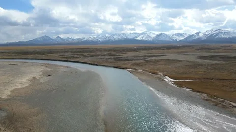 Forward Drone Over Highland River Toward Snow Mountains Qilian Qinghai Stock Footage 330457500