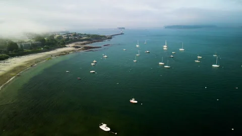 Forward Drone Push Over Foggy Atlantic Bay with Boats near Portland, Maine – 4K  Stock-Footage 313857650