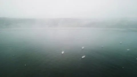 Forward Drone Push Over Foggy Atlantic Bay with Boats near Portland, Maine – 4K  Stock Footage 313861247