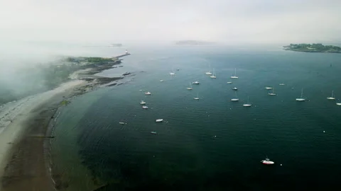 Forward Drone Push Over Foggy Atlantic Bay with Boats near Portland, Maine – 4K  Stock Footage 313864190