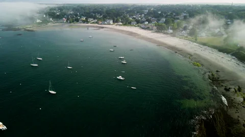 Forward Drone Push Over Foggy Atlantic Bay with Boats near Portland, Maine – 4K  Stock Footage 313865337