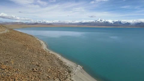 Forward Drone Push Toward Mount Shishapangma Over Lake Paiku Co, Tibet Stock Footage 328773582