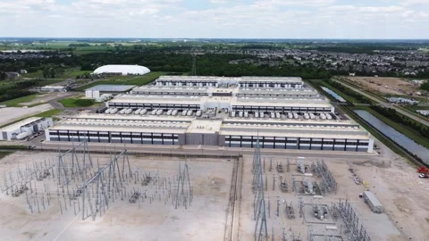 Forward Drone Shot Above a Hyperscale Data Center Facility with Large Batteries Video stock 346197806