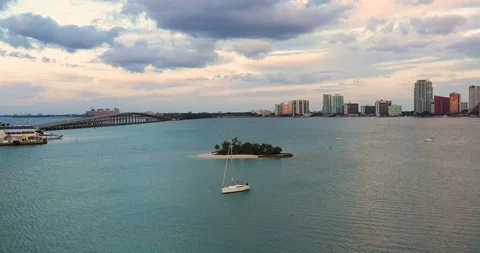 Forward Drone Shot Above Isla Neira Towards Bridge And Brickell Skyline Stock Footage 105424445