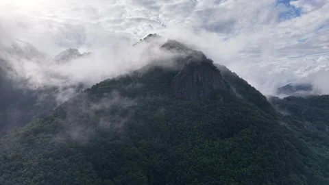 Forward Drone Shot of Misty Mountain and Clouds in South Korea Stock Footage 345867465