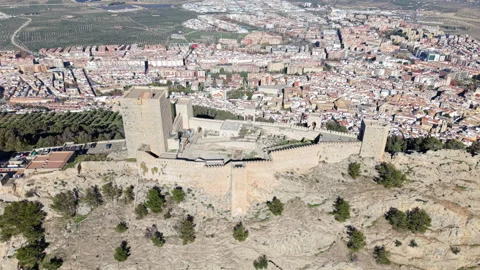 Forward Drone Shot Tilting Down framing Santa Catalina Castle in Jaén, Spain Stock Footage 311640568