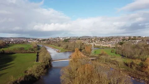 Forward drone shot toward Valley Park Bridge, Exeter Stock Footage 151120566