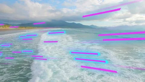 Forward drone starting track to show coast, breaking surf moving ahead, magenta  Stock Footage 333648844
