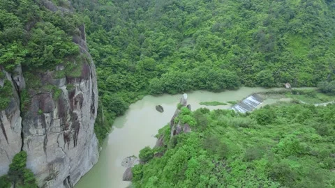 Forward Drone Toward Cliff and River Valley Zhejiang China Stock Footage 330457707