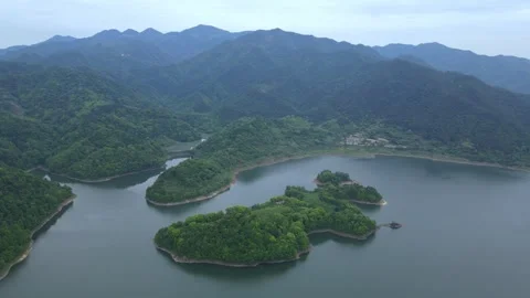 Forward Drone Toward Forest Island in Mountain Lake Zhejiang China Stock Footage 330457819