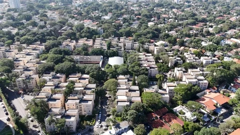 Forward drone tracking shot over an upscale neighborhood in São Paulo, with a Vídeo Stock 341663795
