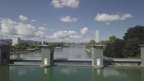 Forward Flight Between Dam Towers Near Basel Stock Footage 344914250