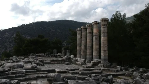 Forward flight from the ground to Athena Temple columns Stock Footage 104008729