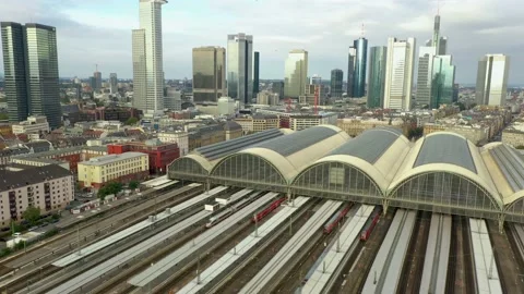 Forward Flight over Frankfurt am Main, Germany Central Train Station Train Stock Footage 178942086
