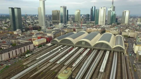 Forward Flight over Frankfurt am Main, Germany Central Train Station Stock Footage 195656834