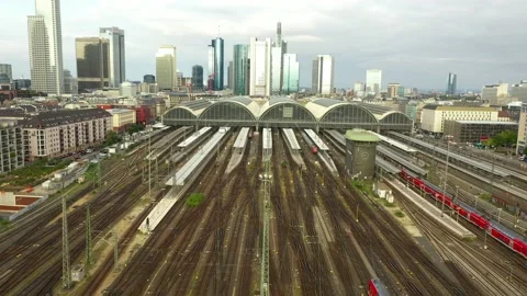 Forward Flight over Frankfurt am Main, Germany Central Train Station Stock Footage 236491409