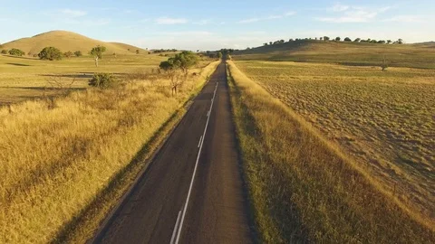 Forward flight rising high above straight rural road among pastures at sunset Stock Footage 87575949