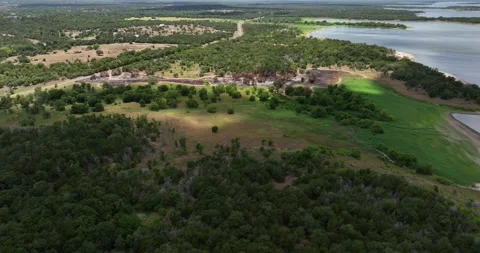 Forward flight viewing burned out area amoungs trees and grass along a lake Stock-Footage 335673303