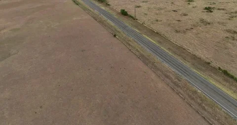Forward flight viewing a road and brown gass pastures Video stock 335673513