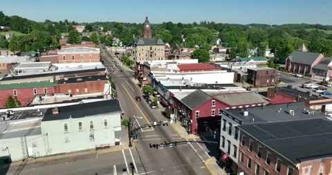 Forward flight viewing storefronts a small town Video stock 335672592