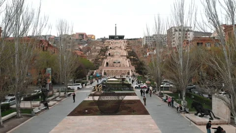 Forward fly drone cascade in Yerevan, exciting aerial view of famous stairway. Stock Footage 177944083