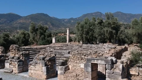 Forward flying drone view over the gerontikon of nysa ancient city Stock Footage 118092804